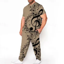 Outlet OUKU Men's 3D Print Graphic Prints Musical Notes 2pcs Tees sets Matching Sets Short Sleeve Long pants Crew Neck Fashion Streetwear Casual Outdoor Daily Sports 3D Print Spring & Summer White Blue Brown
