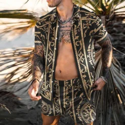 Online OUKU Men's 3D Print 2pcs Shirts Sets Summer Hawaiian Shirt Short Sleeve Short Pants Turndown Fashion Hawaiian Designer Outdoor Vacation Beach 3D Print Button-Down Summer Spring Black Blue Purple