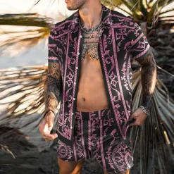 Online OUKU Men's 3D Print 2pcs Shirts Sets Summer Hawaiian Shirt Short Sleeve Short Pants Turndown Fashion Hawaiian Designer Outdoor Vacation Beach 3D Print Button-Down Summer Spring Black Blue Purple
