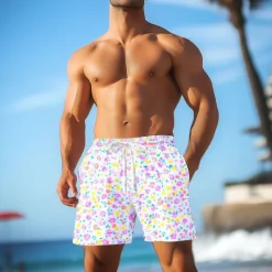 Online OUKU Men's Daisy Floral Print Flowers Swim Trunks Swim Shorts Board Shorts Mid Waist Hawaiian Casual Vacation Holiday Beach Wear Side Pockets Mesh Lining Elastic Drawstring Waist Designer Clothing Apparel White