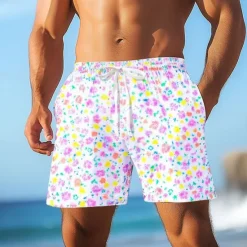 Online OUKU Men's Daisy Floral Print Flowers Swim Trunks Swim Shorts Board Shorts Mid Waist Hawaiian Casual Vacation Holiday Beach Wear Side Pockets Mesh Lining Elastic Drawstring Waist Designer Clothing Apparel White
