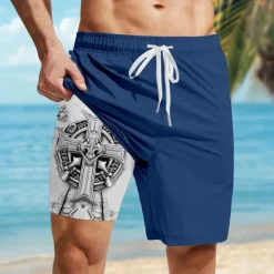 New OUKU Men's Dark Celtic Cross Halloween Costumes Lined Shorts 2 in 1 Board Shorts Swim Shorts Mid Waist Hawaiian Retro Vintage Holiday Streetwear Side Pockets With Compression Liner Elastic Drawstring Waist