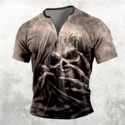 New OUKU Men's Dark T Shirt Short Sleeve T shirt 3D Print Half Zip Shirt Retro Vintage Street Casual Daily Black Blue Brown Summer Spring Clothing Apparel S M L XL XXL XXXL