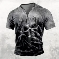 New OUKU Men's Dark T Shirt Short Sleeve T shirt 3D Print Half Zip Shirt Retro Vintage Street Casual Daily Black Blue Brown Summer Spring Clothing Apparel S M L XL XXL XXXL