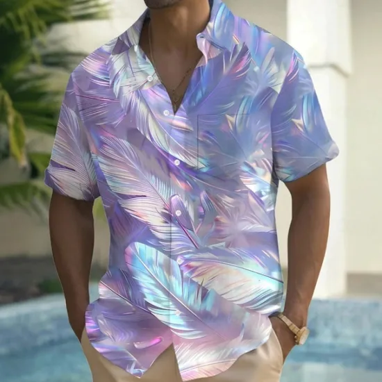 Best OUKU Men's Dazzle color Tropical Leaf Shirt Summer Hawaiian Shirt Button Up Shirt Short Sleeve Hawaiian Vacation Holiday Beach Wear Summer Spring Turndown 3D Print Collared Shirts Front One Pocket Pink