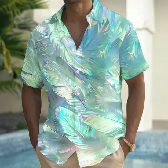 Best OUKU Men's Dazzle color Tropical Leaf Shirt Summer Hawaiian Shirt Button Up Shirt Short Sleeve Hawaiian Vacation Holiday Beach Wear Summer Spring Turndown 3D Print Collared Shirts Front One Pocket Pink