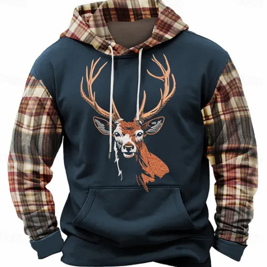 Online OUKU Men's Deer Hoodies Sweatshirt Fashion Cool Long Sleeve Crew Neck Holiday Going out Streetwear Light Brown Black Drawstring Fall Winter Designer
