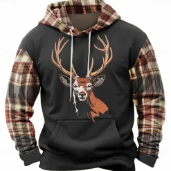 Online OUKU Men's Deer Hoodies Sweatshirt Fashion Cool Long Sleeve Crew Neck Holiday Going out Streetwear Light Brown Black Drawstring Fall Winter Designer