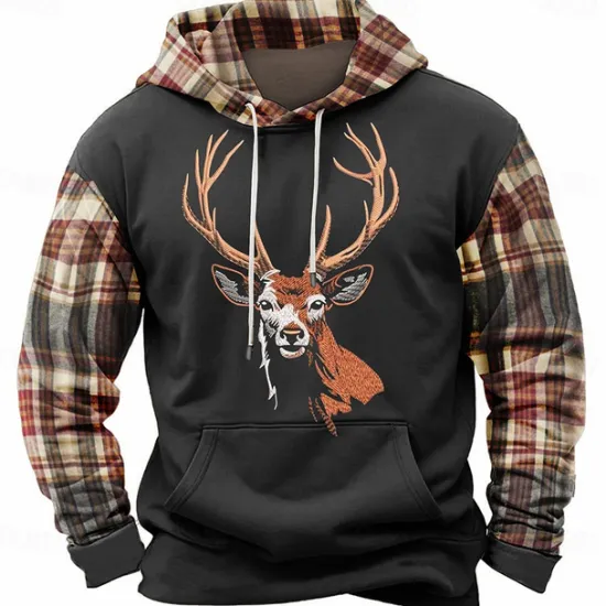 Online OUKU Men's Deer Hoodies Sweatshirt Fashion Cool Long Sleeve Crew Neck Holiday Going out Streetwear Light Brown Black Drawstring Fall Winter Designer