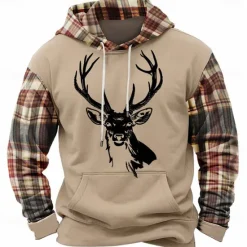 Online OUKU Men's Deer Hoodies Sweatshirt Fashion Cool Long Sleeve Crew Neck Holiday Going out Streetwear Light Brown Black Drawstring Fall Winter Designer