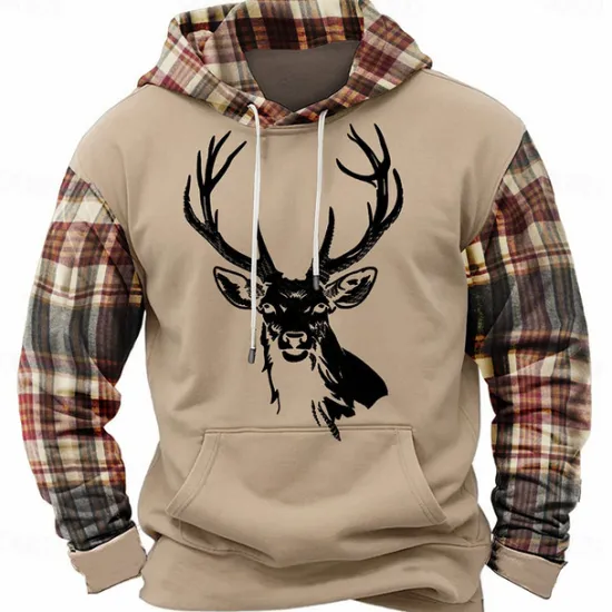 Online OUKU Men's Deer Hoodies Sweatshirt Fashion Cool Long Sleeve Crew Neck Holiday Going out Streetwear Light Brown Black Drawstring Fall Winter Designer