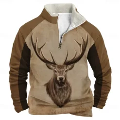 OUKU Men's Deer Sweatshirt Quarter Zip Sweatshirt Long Sleeve Sweatshirt Stand Collar Quarter Zip Casual Vintage Retro 3D Print Vacation Going out Streetwear Half Zip Fall Winter Brown