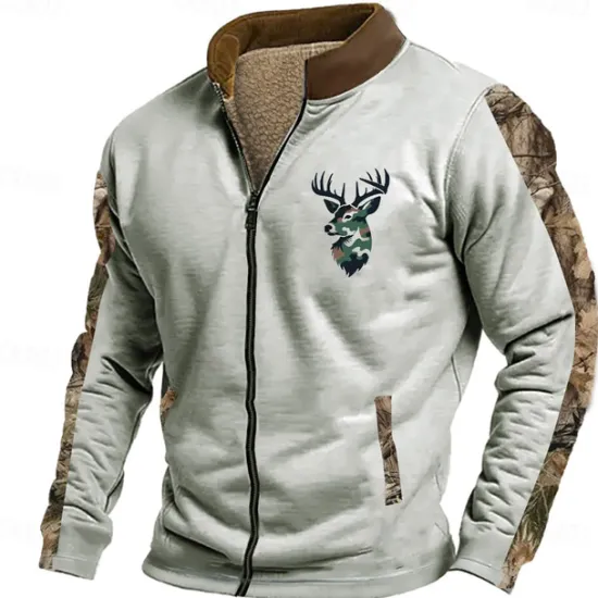 Online OUKU Men's Deer Sweatshirt Sweatshirt Zip Sweatshirt Long Sleeve Sweatshirt Stand Collar Zip Fashion Daily Simple Print Vacation Holiday Going out Pocket Front Zipper Winter
