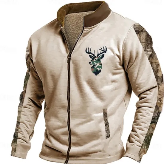Online OUKU Men's Deer Sweatshirt Sweatshirt Zip Sweatshirt Long Sleeve Sweatshirt Stand Collar Zip Fashion Daily Simple Print Vacation Holiday Going out Pocket Front Zipper Winter