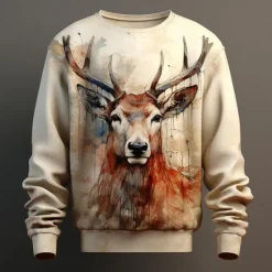 Online OUKU Men's Deer Sweatshirts Sweatshirt Long Sleeve Sweatshirt Crew Neck Fashion Daily 3D Printing Vacation Sports Outdoor Streetwear Crewneck Winter Spring & Fall White