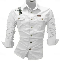 Best OUKU Men's Deer Work Shirt Western Shirt Cargo Shirt Long Sleeve Casual Sports & Outdoor Going out Winter Spring & Fall Turndown Print Black White Army Green Red Blue