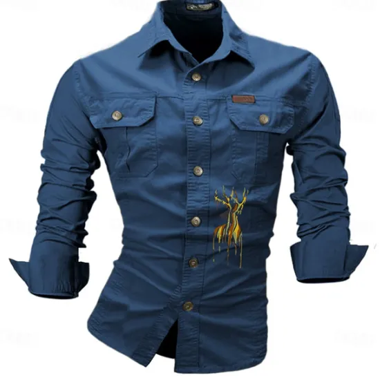 Best OUKU Men's Deer Work Shirt Western Shirt Cargo Shirt Long Sleeve Casual Sports & Outdoor Going out Winter Spring & Fall Turndown Print Black White Army Green Red Blue