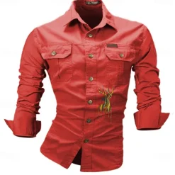 Best OUKU Men's Deer Work Shirt Western Shirt Cargo Shirt Long Sleeve Casual Sports & Outdoor Going out Winter Spring & Fall Turndown Print Black White Army Green Red Blue