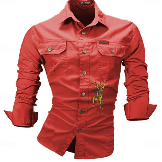 Best OUKU Men's Deer Work Shirt Western Shirt Cargo Shirt Long Sleeve Casual Sports & Outdoor Going out Winter Spring & Fall Turndown Print Black White Army Green Red Blue