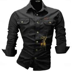 Best OUKU Men's Deer Work Shirt Western Shirt Cargo Shirt Long Sleeve Casual Sports & Outdoor Going out Winter Spring & Fall Turndown Print Black White Army Green Red Blue