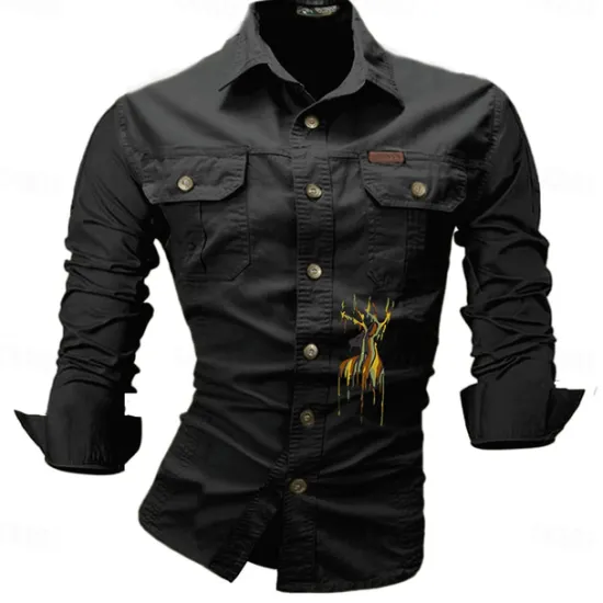 Best OUKU Men's Deer Work Shirt Western Shirt Cargo Shirt Long Sleeve Casual Sports & Outdoor Going out Winter Spring & Fall Turndown Print Black White Army Green Red Blue