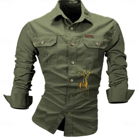 Best OUKU Men's Deer Work Shirt Western Shirt Cargo Shirt Long Sleeve Casual Sports & Outdoor Going out Winter Spring & Fall Turndown Print Black White Army Green Red Blue