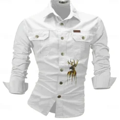 Best OUKU Men's Deer Work Shirt Western Shirt Cargo Shirt Long Sleeve Casual Sports & Outdoor Going out Winter Spring & Fall Turndown Print Black White Army Green Red Blue
