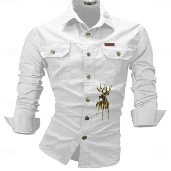 Best OUKU Men's Deer Work Shirt Western Shirt Cargo Shirt Long Sleeve Casual Sports & Outdoor Going out Winter Spring & Fall Turndown Print Black White Army Green Red Blue