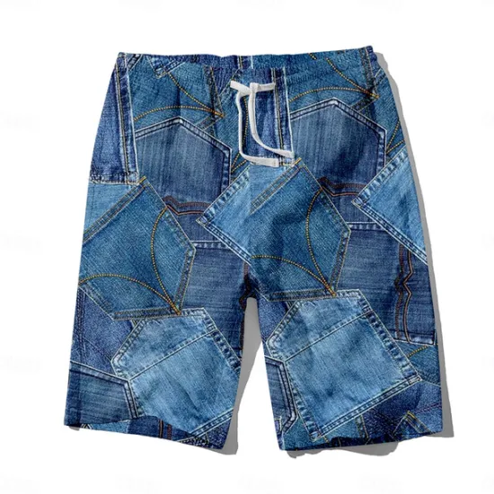 Outlet OUKU Men's Denim Color block stitching Swim Trunks Swim Shorts Board Shorts Mid Waist Hawaiian Casual Holiday Beach Drawstring with Mesh lining Elastic Waist Designer Clothing Apparel