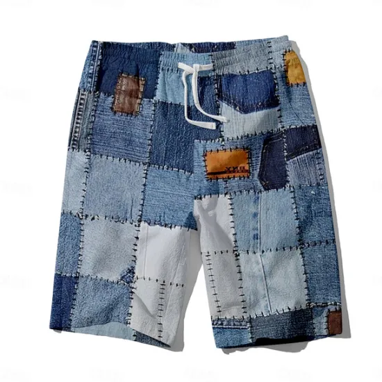Outlet OUKU Men's Denim Color block stitching Swim Trunks Swim Shorts Board Shorts Mid Waist Hawaiian Casual Holiday Beach Drawstring with Mesh lining Elastic Waist Designer Clothing Apparel