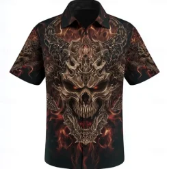 Discount OUKU Men's Devil Flame Halloween Costumes Shirt Cuban Collar Shirt Button Up Shirt Short Sleeve Dark Punk Gothic Style Vacation Holiday Streetwear Summer Camp Collar Shirt 3D Print Black 1 Black Black 2