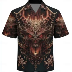 Discount OUKU Men's Devil Flame Halloween Costumes Shirt Cuban Collar Shirt Button Up Shirt Short Sleeve Dark Punk Gothic Style Vacation Holiday Streetwear Summer Camp Collar Shirt 3D Print Black 1 Black Black 2