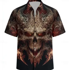 Discount OUKU Men's Devil Flame Halloween Costumes Shirt Cuban Collar Shirt Button Up Shirt Short Sleeve Dark Punk Gothic Style Vacation Holiday Streetwear Summer Camp Collar Shirt 3D Print Black 1 Black Black 2