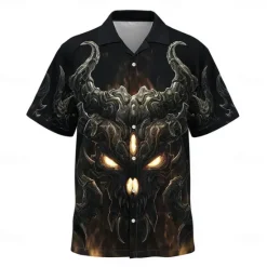 Online OUKU Men's Devil Flame Halloween Costumes Shirt Cuban Collar Shirt Button Up Shirt Short Sleeve Dark Punk Gothic Style Holiday Streetwear Summer Camp Collar Shirt 3D Print Black 1 Black Black 2