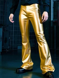 Best OUKU Men's Disco Pants Flared Pants Trousers Casual Pants Buttons Pocket Plain Comfort Party Stage Disco Lights Fashion Casual Micro-elastic Gold