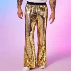 Online OUKU Men's Disco Pants Trousers Casual Pants Sequins Pocket Elastic Waist Plain Comfort Party Stage Disco Lights Vintage Glitters Silver Red Micro-elastic