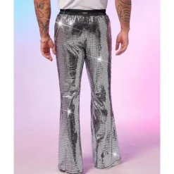 Online OUKU Men's Disco Pants Trousers Casual Pants Sequins Pocket Elastic Waist Plain Comfort Party Stage Disco Lights Vintage Glitters Silver Red Micro-elastic