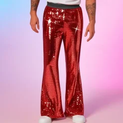 Online OUKU Men's Disco Pants Trousers Casual Pants Sequins Pocket Elastic Waist Plain Comfort Party Stage Disco Lights Vintage Glitters Silver Red Micro-elastic