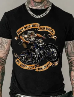 Online OUKU Men's Don't Mess With Old Bikers We Don't Just Look Crazy T Shirt Rude Style Cotton Short Sleeves Graphic Shirt Black White Navy Blue Comfortable Tee Street Fashion Designer Clothing