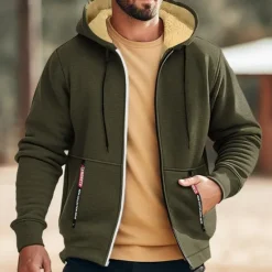 Clearance OUKU Men's Double Layer Fleece Hooded Jacket Sweat Jacket Black White Wine Army Green Navy Blue Hooded Solid Color Zipper Cool Casual Essential Winter Clothing Apparel Hoodies Sweatshirts Long