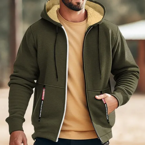 Clearance OUKU Men's Double Layer Fleece Hooded Jacket Sweat Jacket Black White Wine Army Green Navy Blue Hooded Solid Color Zipper Cool Casual Essential Winter Clothing Apparel Hoodies Sweatshirts Long