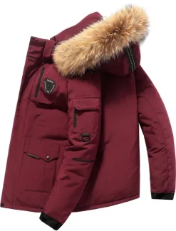 Best OUKU Men's Down Jacket Puffer Jacket Parka Fur Trim Work Daily Wear Long Casual Daily Casual Warm Winter Pure Color Black White Red Puffer Jacket