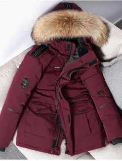 Best OUKU Men's Down Jacket Puffer Jacket Parka Fur Trim Work Daily Wear Long Casual Daily Casual Warm Winter Pure Color Black White Red Puffer Jacket