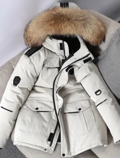 Best OUKU Men's Down Jacket Puffer Jacket Parka Fur Trim Work Daily Wear Long Casual Daily Casual Warm Winter Pure Color Black White Red Puffer Jacket