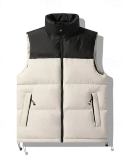 Hot OUKU Men's Down Vest Puffer Vest Vest Gilet Daily Date Vacation Fashion Casual Fall & Winter Patchwork Pocket Polyester Thermal Warm Comfortable Color Block Zipper Stand Collar Regular Fit Black Blue