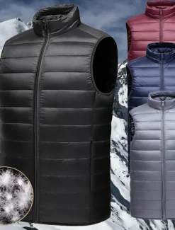Hot OUKU Men's Down Vest Puffer Vest Gilet Daily Date Vacation Fashion Casual Fall & Winter Pocket Nylon Duckdown Warm Comfortable Solid Color Zipper Stand Collar Regular Fit Black Burgundy Blue Gray Vest