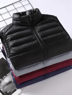 Hot OUKU Men's Down Vest Puffer Vest Gilet Daily Date Vacation Fashion Casual Fall & Winter Pocket Nylon Duckdown Warm Comfortable Solid Color Zipper Stand Collar Regular Fit Black Burgundy Blue Gray Vest