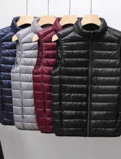 Hot OUKU Men's Down Vest Puffer Vest Gilet Daily Date Vacation Fashion Casual Fall & Winter Pocket Nylon Duckdown Warm Comfortable Solid Color Zipper Stand Collar Regular Fit Black Burgundy Blue Gray Vest