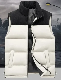 Outlet OUKU Men's Down Vest Puffer Vest Vest Gilet Daily Date Vacation Fashion Casual Fall & Winter Patchwork Pocket Polyester Warm Comfortable Plain Pocket Zipper Stand Collar Regular Fit Black Ivory Purple