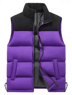 Outlet OUKU Men's Down Vest Puffer Vest Vest Gilet Daily Date Vacation Fashion Casual Fall & Winter Patchwork Pocket Polyester Warm Comfortable Plain Pocket Zipper Stand Collar Regular Fit Black Ivory Purple